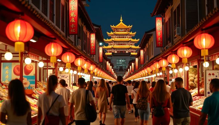 Chinatown Singapore colorful shophouses and lanterns